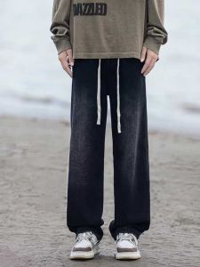 American Style Loose Straight Leg Jeans Mens Spring Summer Autumn High Street Casual Long Trousers Wear Resistant Denim