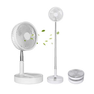 Portable adjustable-height rechargeable desk stand with mini safety foldable electric fan. Suitable for offices and homes.