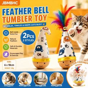 【Ship IN 12H】 KEBIDU 2PCS Wooden Wobble Cat Tumbler Toy with Feathers Self-Rocking Pet Interactive Toy Scratch- and Bite-resistant Safe Teething Relief Boredom Buster for Indoor Cats
