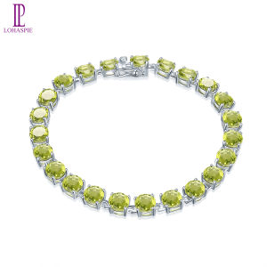 Lohaspie Jewelry Real 21.41Ct Natural Peridot Gemstone Solid 925 Sterling Silver Chain Bracelet 7.25 Inch for Women Round 6mm Gemstone Fine Jewelry