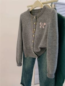 Korean Style Grey Knitted Short Cardigan Womens Early Autumn New Soft Lazy Sweater Jacket Top with Butterfly Knot Design