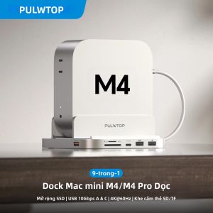 Hub PULWTOP Mac Mini M4 Bằng Nhôm USB C/A 10Gbps HDMI 4K M.2 SSD Âm Thanh USB 2.0 Đầu Đọc Thẻ SD/TF Dành Cho Mac Mini M6 M5 Pro