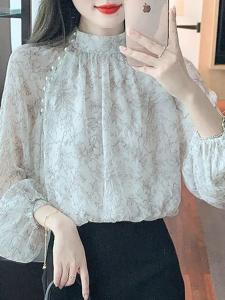 Fashionable Spring Long Sleeve Printed Chiffon Shirt Elegant Top Youthful Two-Piece Set Stylish Trendy Floral Design