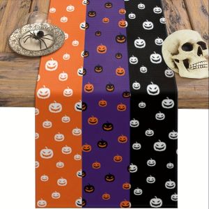 1 Halloween Themed Table Runner Black Purple and Orange Horror Pumpkin Design Suitable for Parties Restaurants Homes Markets and Holiday Decoration Scenes.