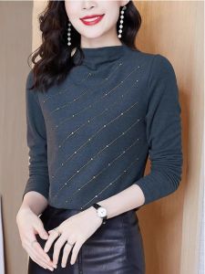 WANGGONGZHU | Princess Style Double-Sided Velvet Base Shirt Womens Half-High Collar Inner Wear Sparkling Top Fashionable Design Autumn Winter