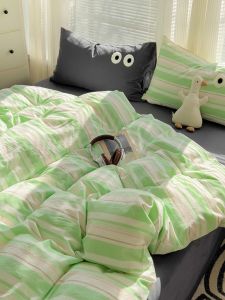 INS Fresh Soft Dopamine Green Stripes Washed Cotton Four-Piece Set Pure Color Bed Sheets Quilt Cover Dormitory Three-Piece Set 4