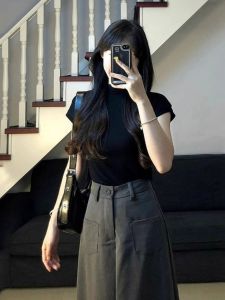 HUOLISI | Stand-up Collar Regular-Shoulder Short Black Silk Knit Summer Tee Women