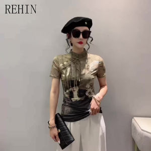 REHIN Womens top Buckle stand collar high-neck short-sleeved T-shirt printed base shirt European style fashion retro slim fit S-3XL elegant blouse