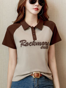 Pure Cotton Polo Neck Short Sleeve T-Shirt Women Summer Slim Fit Letter Print Shoulder Insert Style Korean Version Spring Fashion