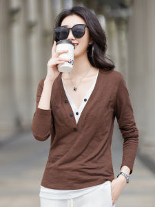 Womens Loose Long Sleeve Button up V-Neck T-Shirt Fashionable Casual Versatile Base Layer Shirt Korean Style Spring Autumn Wear