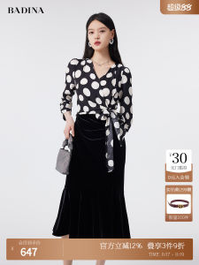 Bathina Silk Spring New Style Womens Dress Elegant Polka Dot Long Skirt V-neckline Natural Waistline Full Sleeve Midi Dress