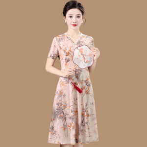 ชุดเดรสผ้าชีฟองสไตล์จีนฤดูร้อนสำหรับคุณแม่ช่วงวัยกลางคนและผู้สูงอายุ ชุดเดรสยาวปานกลาง คอวี แขนยาว ทรงหลวม ทรงเข้ารูป