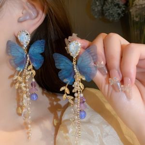 Blue Butterfly Drop Earring Women Imitation Pearl Crystal Long Tassel Chain Rhinestone Earring Party Wedding Jewelry Gifts K0