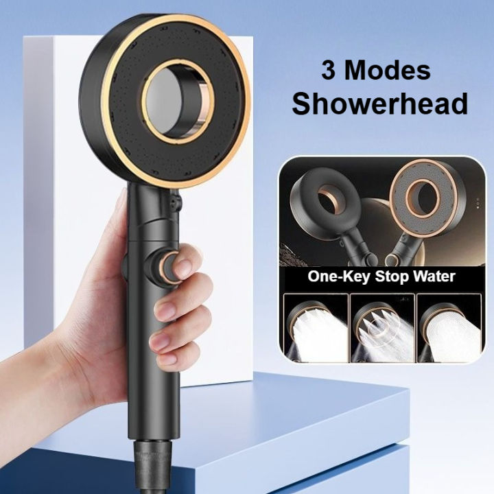 3 Modes High Pressure Shower Head One-Key Stop Water Saving Adjustable ...