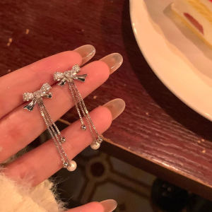 Pure Silver Pearl Butterfly Knot Tassel Earrings Long Design Womens Elegant Luxury Feelings Fashion Jewelry Ear Decorations