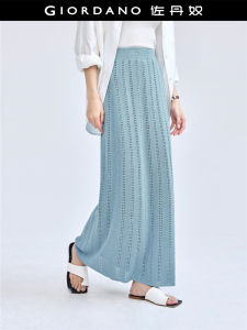 Giordano Womens Hollow out Knitted Skirt Elastic Waist A-Line Midi Skirt Fresh Style High Waist Daily Wear Viscose Nylon