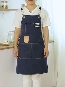 Ecoweave Simple Canvas Leather Apron With Pocket Thickened Waterproof Strap-back Type Coffee Shop Kitchen Aprons With 2 Pockets Cooking Bib Aprons For Women Men Kitchen Apron