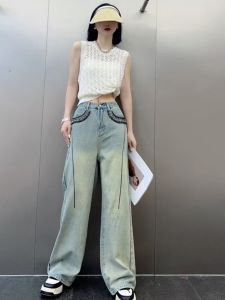 Slimming High Waist Straight Leg Jeans Womens Diamond Embellished Loose Wide Leg Denim Jeans Retro Style Summer Fashion