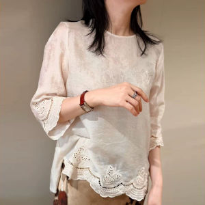YINGDAI | High-end Lace Embroidered Flared Three-quarter Sleeves Summer New Style Loose Chinese-style Top