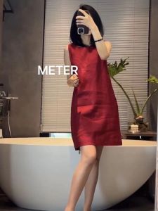 French Style Small Size A-Line Vest Dress High End Elegant Fashionable Wine Red Linen Womens Summer Dress Polyester Fiber