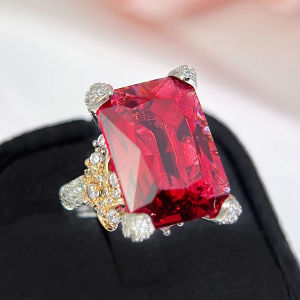 SEQUITO Luxury Ladies Finger Jewelry Silvery Gold Plated Pave Setting Red Rectangle Cut AAAAA Big Cubic Zirconia Noble Adjustable Ring for Banquet Party SR138