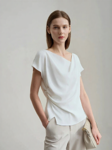 AMII | Elegant French Office Wear Summer Spotted Blouse with Draped Collar and Asymmetrical Slit