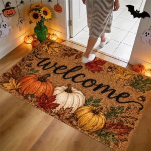 Thảm Trang Trí Hình Lá Phong VIKAMA Fall Pumpkin Welcome Doormat Chống Trượt Trang Trí Lễ Tạ Ơn Dùng Cho Cửa Trước Lối Vào Nhà Trang Trí Nhà Cửa Phong Cách Hiện Đại