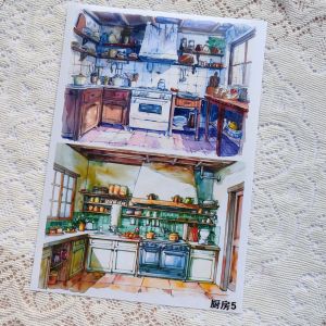 Cute Homemade A4 Japanese Paper Landscape Material Camping Night View Forest Kitchen Watercolor Scene Journal Tape Stickers