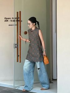 VKSOD | Retro Chinese Style Printed Vest Top And High Waist Loose Jeans Womens Summer Fashion Two-Piece Set Casual Versatile Size