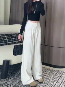 สูง เอว ขาตรง กางเกงยีนส์ ผู้หญิง ลำลอง หลวม Fit ความยาวพื้น กางเกง เดรปขากว้าง กางเกง สีขาว สีฤดูใบไม้ร่วง 2024 สินค้าใหม่