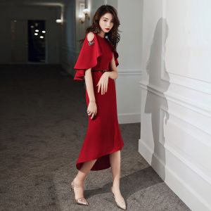 Bride Fish Tail Evening Gown Red Wine Color Mid-Length Wedding Dress Small Size Can Wear Daily Korean Style Zipper Backless