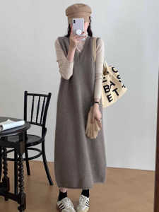 Korean Style Straight-leg V-neck Vest Skirt Sleeveless Knitting Dress Womens Fall and Winter Loose Simple and All-Matching Mid Length Long Length Vest
