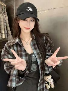Áo Sơ Mi Nữ Dáng Rộng Cổ Bẻ Dài Tay Màu Đen Kẻ Caro Thời Trang Thu Xuân Thường Ngày Áo Khoác Ngoài Cho Cặp Đôi