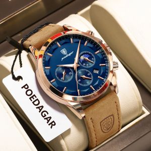 POEDAGAR ใหม่อินเทรนด์ Man นาฬิกาข้อมือกันน้ํา Chronograph Luminous วันที่นาฬิกาผู้ชายหนังหรูหราทหารนาฬิกาควอตซ์สําหรับชาย
