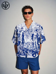 Vintage Cuban Collar Short Sleeve Mens Shirt High Street Versatile Spring Summer Polyester Fiber Print No Ironing Required