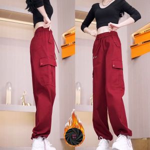 Thickened Fleece Work Pants Womens Casual Style Spring Autumn New Large Pocket Cuffed Two-Way Wear Versatile Sports Pants