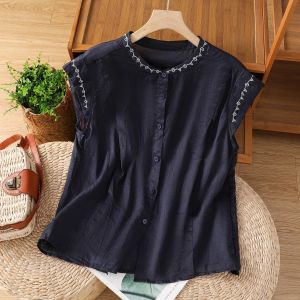 WANGGONGZHU | เสื้อเชิ้ตแขนกุดคอตั้งผ้าลินินปักลายฤดูร้อนสำหรับผู้หญิง เสื้อคาร์ดิแกนเปิดไหล่แฟชั่น ทรงหลวม สไตล์เกาหลี