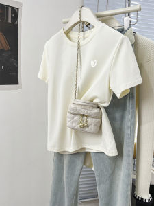 Love Heart Apricot Pure Cotton Shoulder Length Short Sleeve T-Shirt Womens Summer Design Unique Top 2026 New Style Commute Style Print