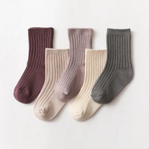 5Pairs Solid Kids Socks Casual Baby Girls Boys Breathable Cotton Stripe Spring Toddler Knitted Children Socks for 1-8Y Winter