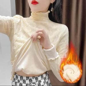 เสื้อเชิ้ตคอวีบุลูกไม้บุด้วยผ้าตาข่ายหนาสำหรับผู้หญิงในฤดูใบไม้ร่วงและฤดูหนาว เสื้อชั้นในแบบมีฮู้ด ทรงเข้ารูป สไตล์เกาหลี