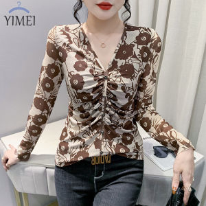 YIMEI Áo In Họa Tiết Cổ Chữ V Có Nút Thời Trang Quần Áo Nữ Cỡ Lớn Áo Thun Xếp Ly Dài Tay Mới Nhất Xuân Thu 2023 Áo Ôm Sát