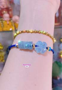 Vòng tay lu thống mặt 4 lá may mắn tài lộc đá aquamarine thiên nhiên chạm đồng tiền