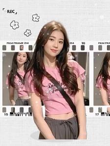 DVDK | Áo Thun Tay Ngắn Mùa Hè Cổ Ngắn In Chữ Dáng Crop Top Cao Cổ Màu Hồng Cotton