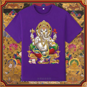 Auspicious Buddha Statue Print Mens and Womens Same Classy Cotton Pure Short-Sleeved T-shirt Mens Plaid round Neck Cotton Base Shirt