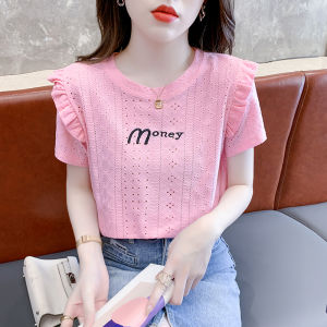 เสื้อยืดแขนสั้นผู้หญิง ดีไซน์ใหม่ ฤดูร้อน ปักลูกปัดหนัก ดีไซน์ไม้กางเขน ผ้าไนลอน สีพื้น ปกติ รัดรูป เสื้อเชิ้ตคอคอกลม