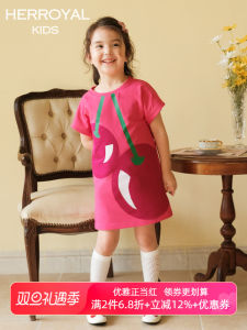 HerRoyal Girls Cherry Print Cotton Dress T-Shirt Dress A-Line Skirt Casual Style Mother-Daughter Matching Summer Dress