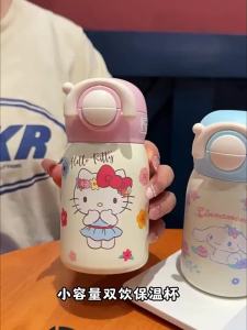 X&W For Sanrio Hello Kitty Thermos Cups 220ML Mini Stainless Steel Vacuum Flask Cute Straw cup For Kids Student Sport Water Cups