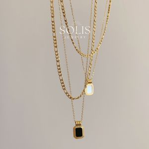 2 Layers Figaro Chain Sqaure Black White Shell Pendant Stacking Necklace • 18K Gold Plated Waterproof Non Tarnish • 316L Stainless Titanium Steel Necklaces for Women NL100