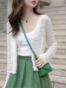 French Hollow out Silk Thin Knitted Cardigan Women Summer New Loose Long Sleeve Air Conditioning Shirt V Neck Single Button