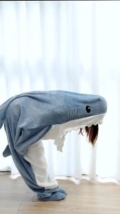 Cartoon Shark Sleeping Bag Household Animal One-piece Pajamas Flannel Shark Nightgown Wearable Loose Onesie Hoodie